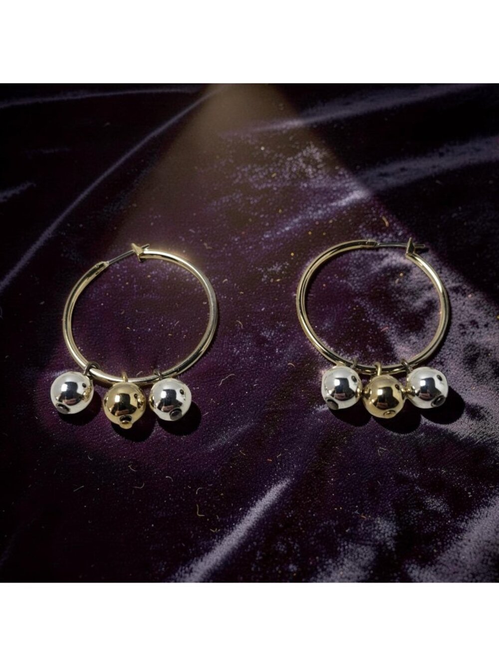 Vintage 1 Gold-2 Silver Tone Balls 1.25" Diameter Hoop Earrings